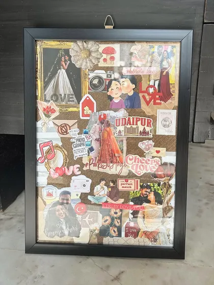 A complete relationship journey, all in one place. This custom couple's frame features everything from wedding photos and travel memories of Udaipur to cute illustrations and inside jokes, creating a beautiful visual story of their love.