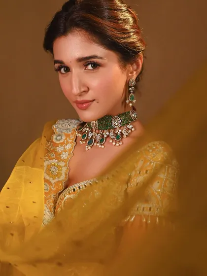 A clear close-up through the sheer fabric, focusing on the perfectly defined eyes and the stunning emerald choker.