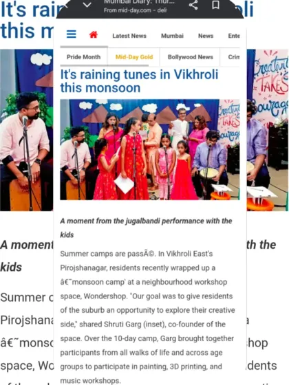 A screenshot of the online article about our "monsoon camp". We brought together people of all ages for painting, 3D printing, and music workshops.