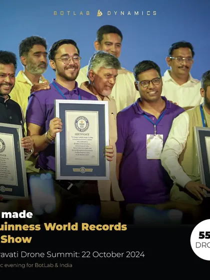 A graphic celebrating our 5 Guinness World Records at the Amaravati Drone Summit. This was one of the many firsts for us last year, showcasing our capability on a massive scale.