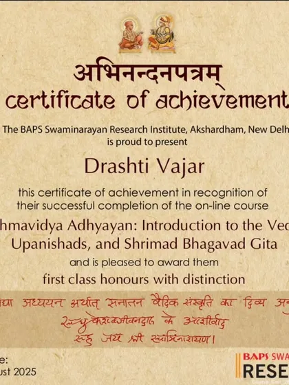 My certificate for completing the 'Brahmavidya Adhyayan' course with first-class honors. My spiritual and academic studies of the Vedas and Upanishads deeply inform my cultural storytelling on stage.