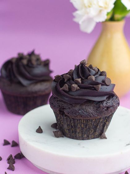 For the ultimate chocolate lover, my double chocolate chip cupcakes. It's a rich chocolate cupcake with chocolate frosting and extra chocolate chips on top.