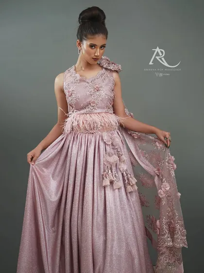 A successful lookbook image makes the garment the hero. Here, I used clean, even lighting to showcase the full silhouette, the shimmer of the fabric, and the delicate floral details of this beautiful pink gown.