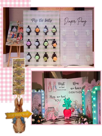 Interactive games like 'Pop the Belly' and 'Diaper Pong' are integrated into the Peter Rabbit theme, along with themed signage and advice cards for guests to fill out.