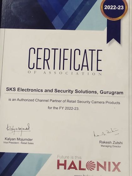 This Certificate of Association from Halonix names SKS as an Authorized Channel Partner for their retail security camera products. I am proud to partner with innovative brands to bring you the best solutions.