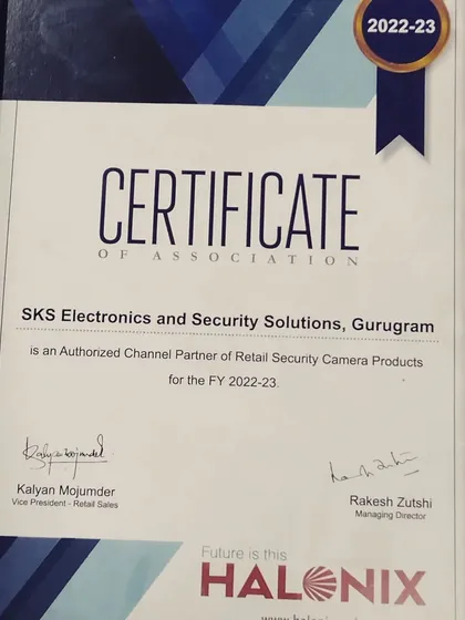 This Certificate of Association shows that SKS Electronics and Security Solutions is an Authorized Channel Partner for Halonix retail security camera products.