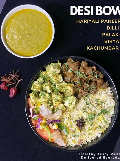 This is one of our Desi Bowls, packed with Hariyali Paneer Tikka, Dilli Chole, and Biryani Rice. It's proof that you can enjoy the comfort of Indian food while staying on track with your nutrition.