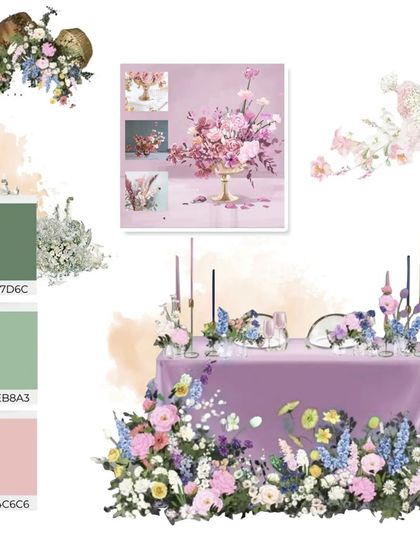 A mood board for a welcome dinner with a "Pastel Elegance" theme. It defines the color story of soft pinks, lavenders, and greens, and visualizes the floral arrangements and tablescape to create a serene, romantic atmosphere.