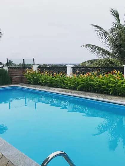 This rooftop swimming pool, designed for a private residence, is surrounded by lush greenery, including palm trees and flowering hedges. The design provides a serene, resort-like escape with an unobstructed view of the horizon.