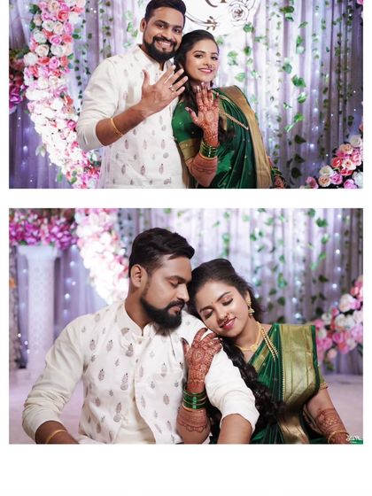 A collage of portraits from an engagement, showing the couple's happiness and the details of their rings.