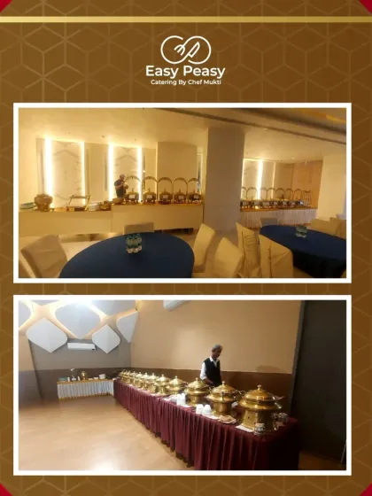 A collage of our elegant indoor buffet setups in a modern venue, featuring our signature brass chafing dishes and organized table arrangements.