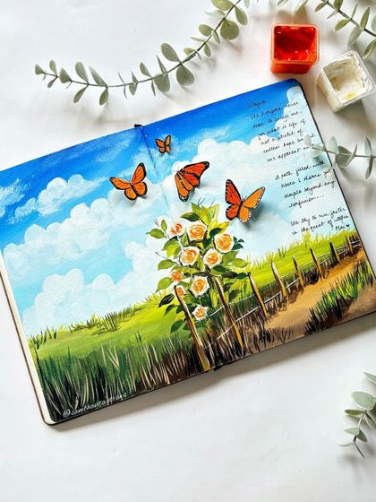 The full sketchbook spread, a tribute to another artist I admire. I love the combination of painting and poetry on the page.