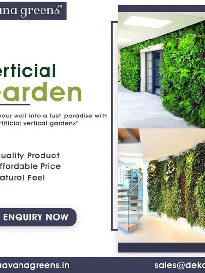 Turn your wall into a lush paradise with our artificial vertical gardens. This collage shows different applications, from a sleek hallway to a grand staircase, proving their versatility.