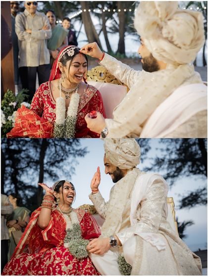 Pure laughter and fun during the wedding games. These candid moments show the couple's true personalities and their comfortable bond.