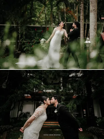 A collection of playful and romantic moments, including a joyful dance and a sweet kiss, set against a dark, moody backdrop.