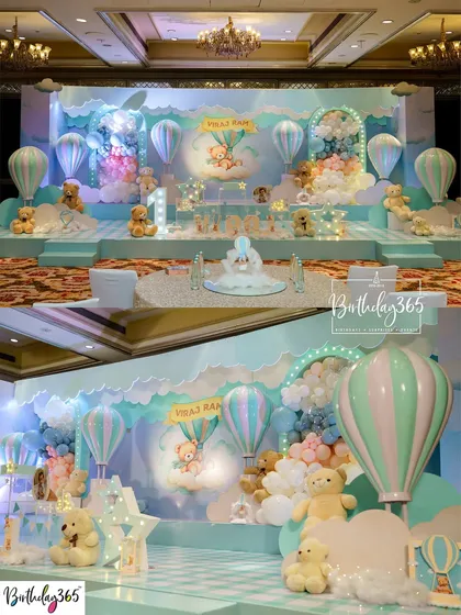 We floated up, up, and away with this dreamy hot air balloon and teddy bear theme. Using soft pastel colors, cloud-like textures, and charming 3D props, we created a gentle and magical atmosphere perfect for a first birthday celebration.