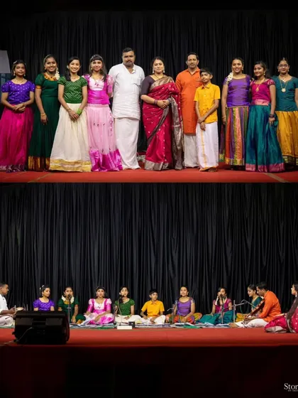 A beautiful moment capturing our entire music and dance ensemble on stage. This image represents the culmination of our collective effort, a day where our little ones and senior artists shared the stage for a blessed samarpanam. It shows the scale of our community and the performance opportunities we create.