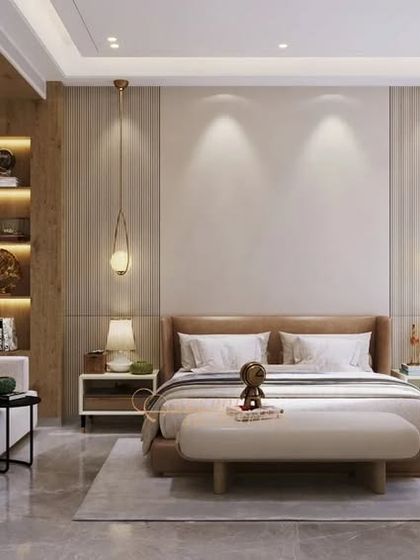 Muted neutrals and earthy tones define this tranquil bedroom. The warm wood accents and soft lighting create a calming and natural ambiance.