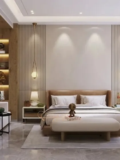 A tranquil bedroom defined by muted neutrals and earthy tones. The design uses warm wood accents and layered lighting to create a calming and natural ambiance.