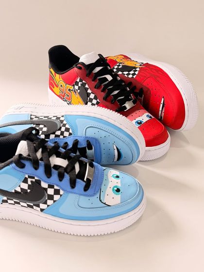 Both the Lightning McQueen and Sally Carrera pairs together. The checkered race flag in the middle ties the two designs together perfectly.