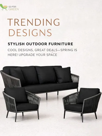 This image showcases a complete outdoor sofa set from our trending designs collection. The set includes a three-seater sofa and two single-seater lounge chairs, all featuring a modern black rope-weave design and thick, comfortable cushions. It’s a perfect representation of the sleek, contemporary style we offer for a complete patio or terrace arrangement.