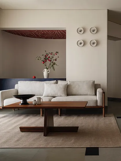 A quiet moment in Apartment 1005, where we created distinct enclaves for each family member. This view shows the living area and bar, defined by clean lines, custom teak furniture, and a palette of earthy, natural materials that feel both timeless and modern.