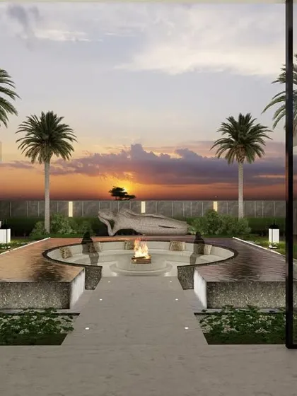 This rendering captures the essence of our design philosophy: creating a seamless connection with nature. From inside the home, floor-to-ceiling glass frames the outdoor fire pit and water feature, allowing the residents to enjoy the beauty of the sunset from the comfort of their living space.