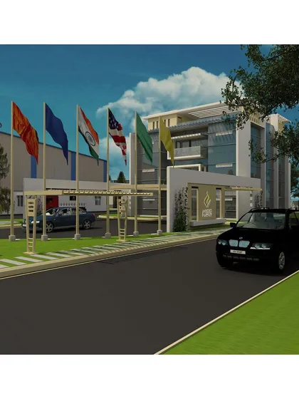 This visualization illustrates the entrance sequence to the Krishna Sai Granites campus. We designed the security block and entryway to align with the contemporary aesthetic of the main admin building, ensuring a cohesive architectural experience from the moment of arrival.