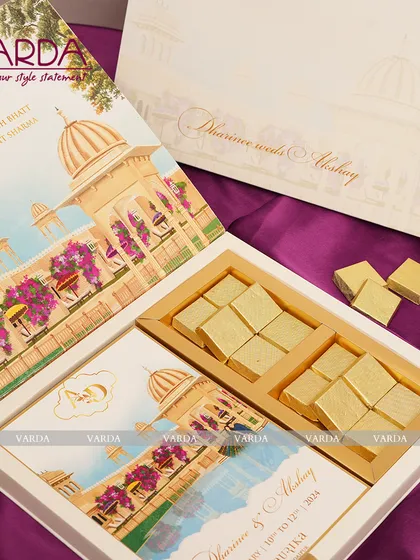 Inspired by the grandeur of Rajasthani palaces, this invitation box features intricate illustrations of royal architecture. It opens to reveal custom chocolates, making it a perfect blend of Marwari tradition and gourmet luxury for a royal wedding theme.