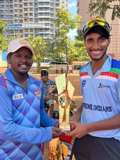 Rishipal with the 'Best Bowler' trophy. His clever variations and pace were unplayable in the tournament.