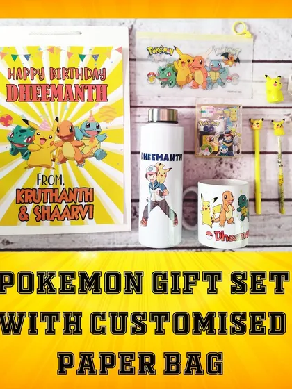 Gotta catch 'em all! This ultimate Pokémon gift set includes a personalized water bottle, mug, stationery pouch, and themed paper bag for a birthday boy.