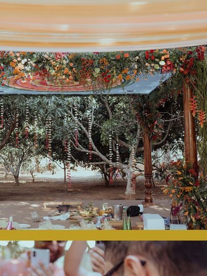 A collage showcasing the beautiful mandala-inspired mandap from different angles.