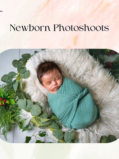 An informational graphic for newborn photoshoots, featuring a baby swaddled in green on a white fur rug.