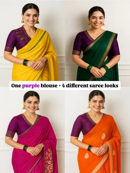 Why buy a new blouse for every saree? I am a big believer in creating a versatile wardrobe. This single, elegant purple raw silk blouse can be styled in so many ways, creating four completely different looks. It’s all about smart, sustainable style.