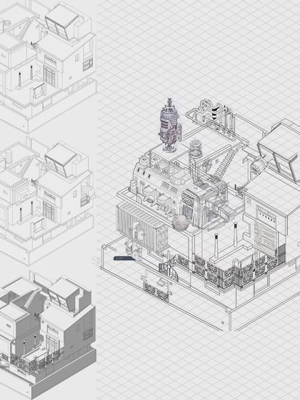 The evolution of Ajith's drawing. This image shows the process of transforming a standard axonometric view into a complex, imaginative illustration, a key part of my mentoring is guiding students through this creative struggle.