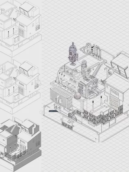 The evolution of Ajith's drawing. This image shows the process of transforming a standard axonometric view into a complex, imaginative illustration, a key part of my mentoring is guiding students through this creative struggle.