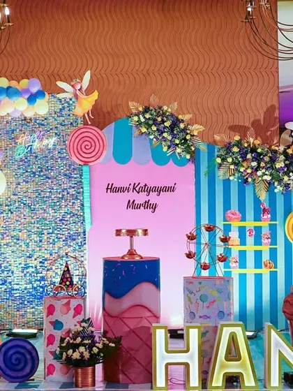 A full stage view of the vibrant and detailed ice cream themed party.