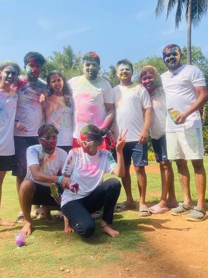 The joy of celebrating Holi with friends. Our resort provides a safe and fun environment for festive gatherings.
