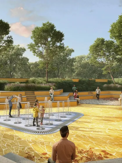A design visualization for the 'Nature in Pockets' community in Indore. This render illustrates our vision for creating active and engaging public spaces, featuring an amphitheater and interactive water jets designed to bring families and children together.