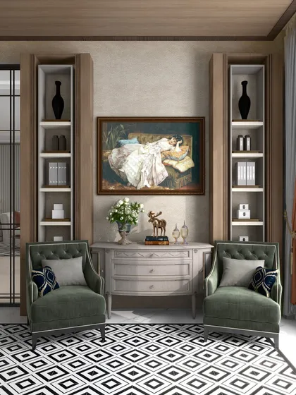 A perfect balance of textures and tones. The warmth of wooden finishes meets the striking contrast of black and white flooring, while green armchairs bring in a refreshing touch.
