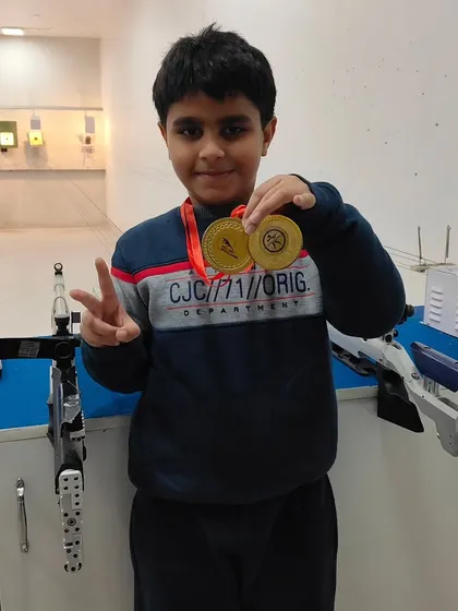 It's never too early to aim for gold. We are incredibly proud of our 8-year-old shooter, Raajvansh Kumar, shown here with his two gold medals in 10m Air Rifle from the Winter Shooting Competition. We nurture talent at every age.