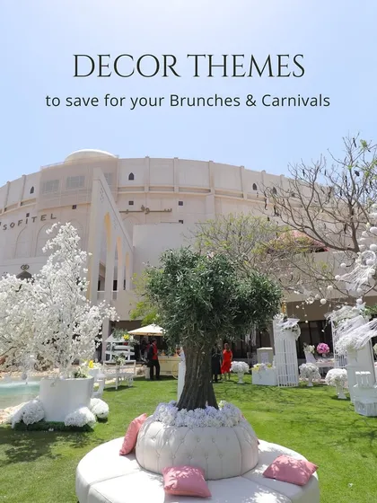 A collage of decor themes perfect for destination brunches and carnivals, featuring a stunning all-white setup at the Sofitel in Bahrain.