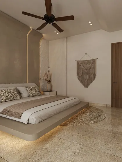 The floating bed design is enhanced by under-glow lighting, creating a weightless effect. The headboard niche is framed by a gentle arch, adding a soft architectural detail to the rustic, textured walls.