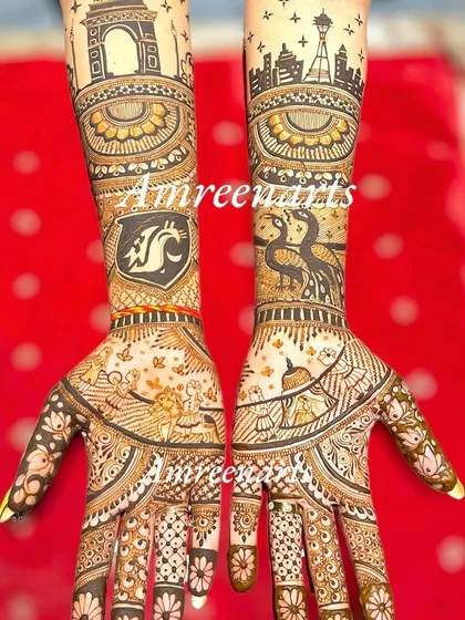 A travel-themed love story, with Delhi's India Gate and Seattle's Space Needle drawn on the arms, representing the couple's journey.