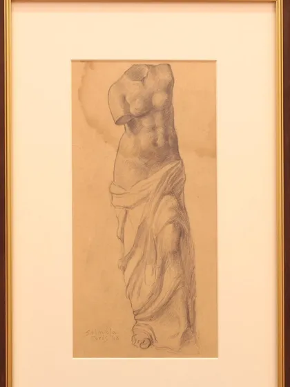 A classical torso sketch by Jehangir Sabavala, showcasing his emphasis on anatomy and drawing as the foundation for his serene and mysterious canvases.