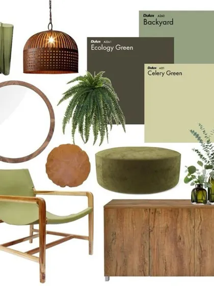 Inspired by Pantone's landscape palette, this moodboard brings the colors of nature indoors. It features shades of green and brown paired with natural wood, rattan, and leather to create a refreshing and eco-friendly design concept.