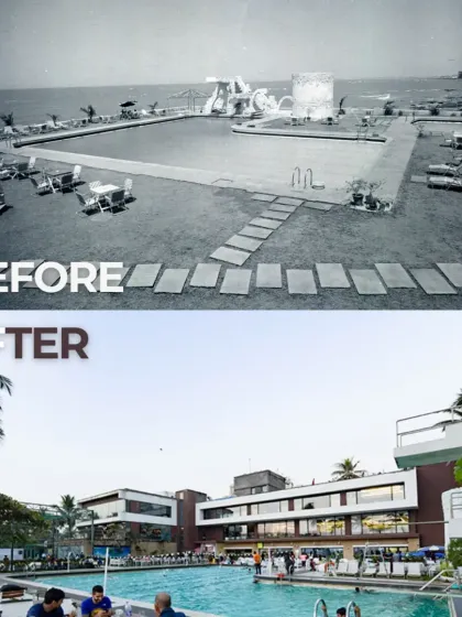 A before-and-after view of the Otters Club in Bandra, Mumbai. This transformation showcases my approach to adaptive reuse, where I revitalized the existing structure to create a modern, functional, and aesthetically compelling leisure facility that better serves its community.