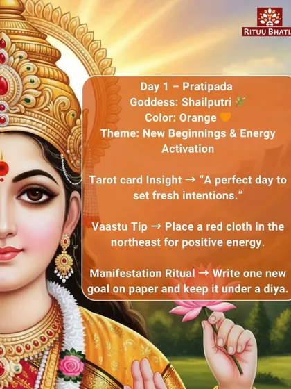 The first day of Navratri honors Goddess Shailputri, symbolizing new beginnings. It's a perfect day to set fresh intentions. A simple Vaastu tip is to place a red cloth in the northeast for positive energy, and a manifestation ritual is to write a new goal and keep it under a diya.