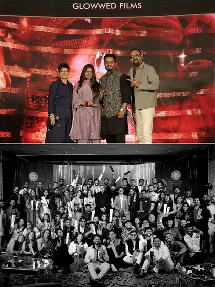 A collection of moments from the awards night. The top image shows us on stage receiving the award, while the bottom image is a group photo with fellow talented photographers from the industry.