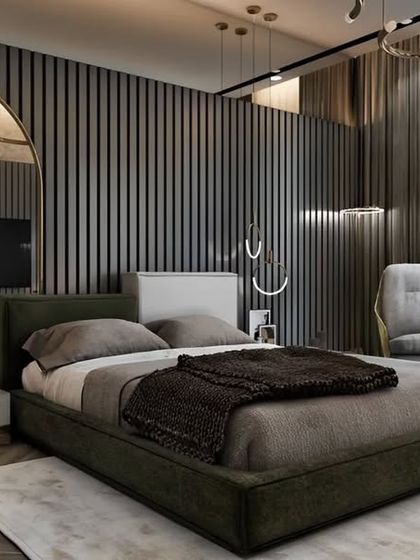 In this bedroom, we used a dark, vertically slatted wall to create a dramatic and textured backdrop. An oversized arched mirror leans against the wall, amplifying the space, while the low-profile bed adds to the modern, minimalist aesthetic.